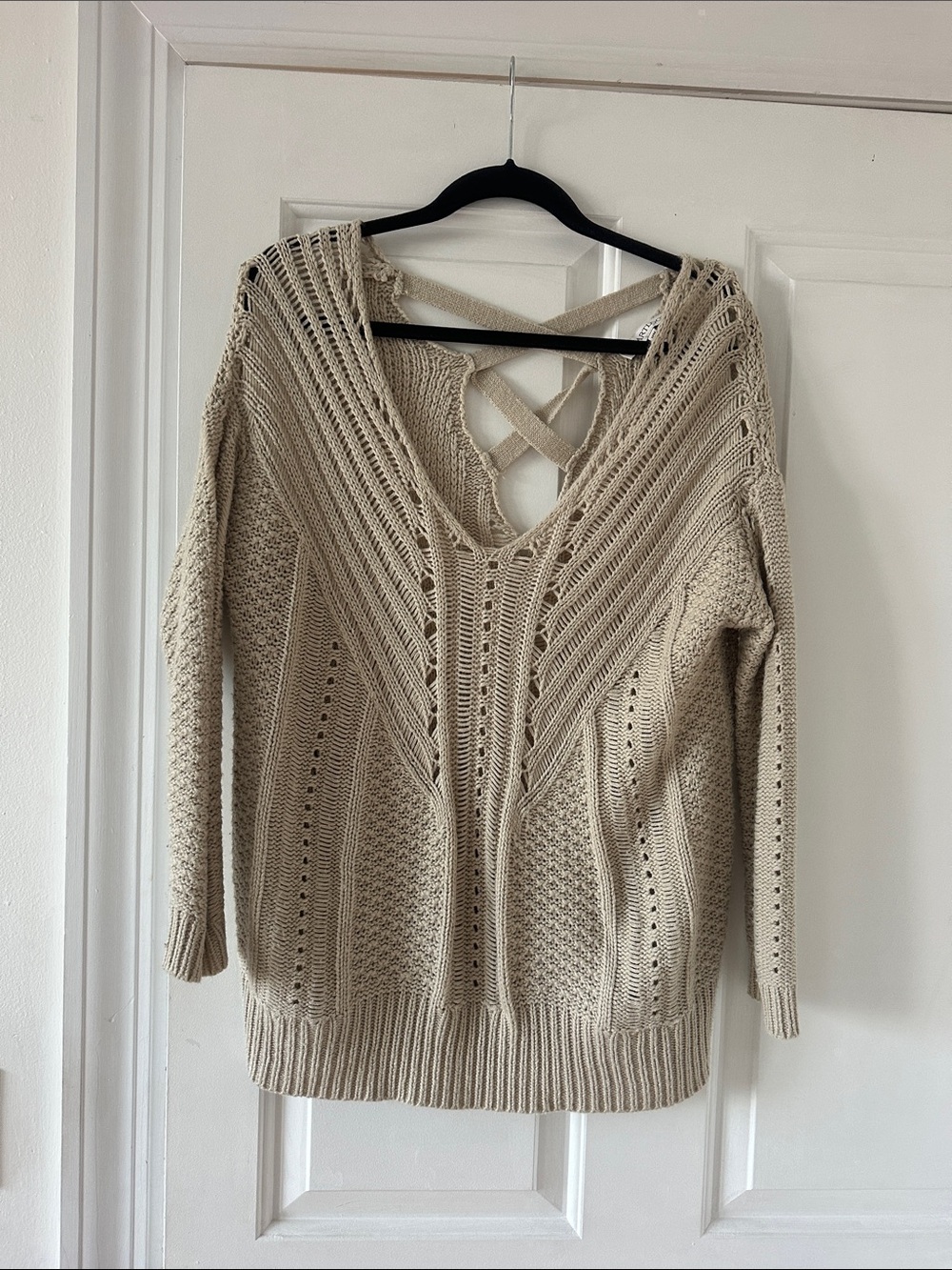 Oversized Crisscross Back V-Neck Knit Sweater - Cream size M